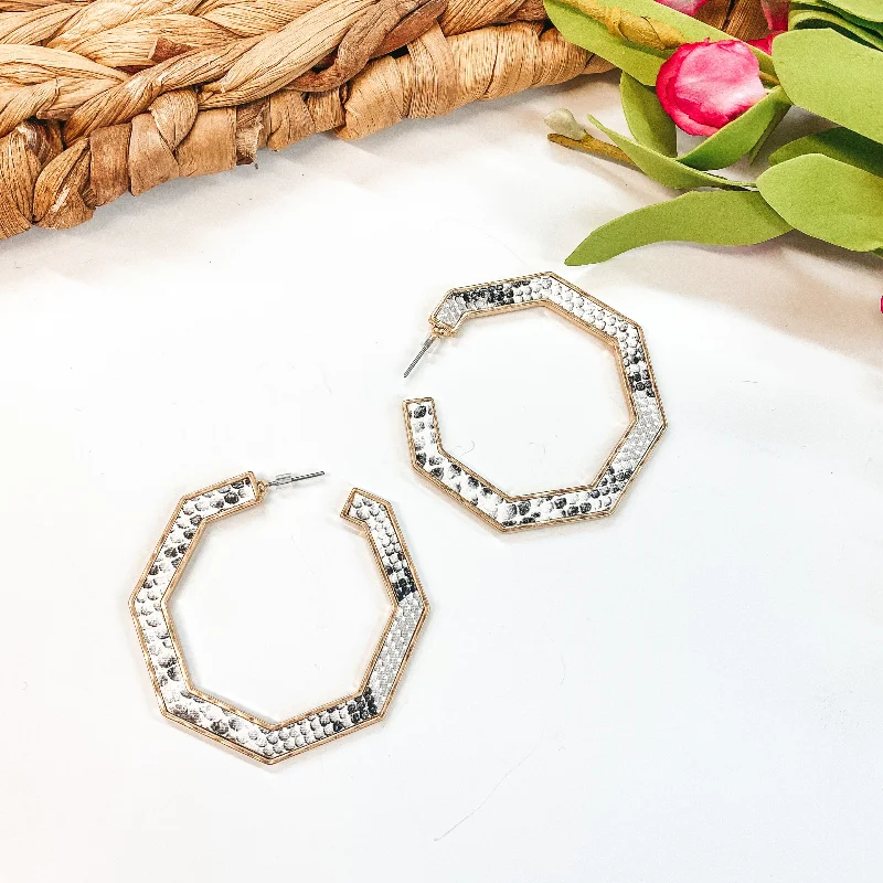 Women’s luxury earrings-Octagon Hoop Earrings in White Snake Print