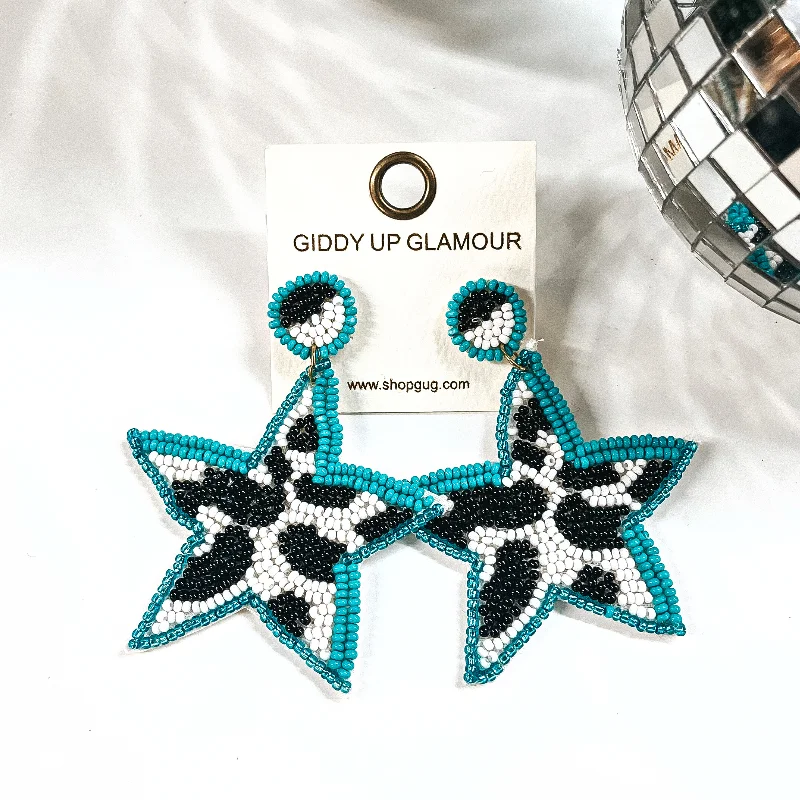 Women’s sparkling cubic zirconia earrings-Stars In Your Eyes Cow Print Beaded Star Earrings in Turquoise