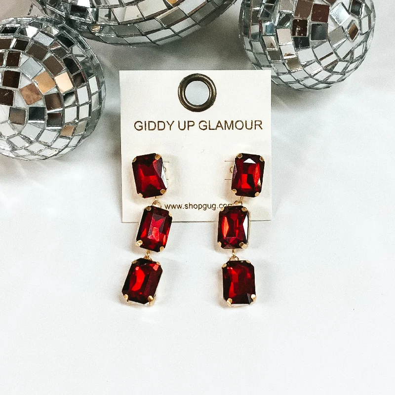 Women’s ear cuff earrings-Three Tier Rectangle Crystal Drop Earrings in Red