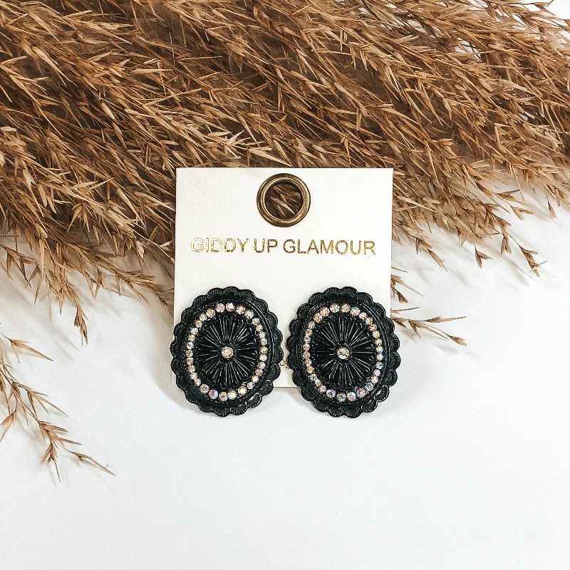 Women’s baroque pearl earrings-Black Concho Stud Earrings with AB Crystals