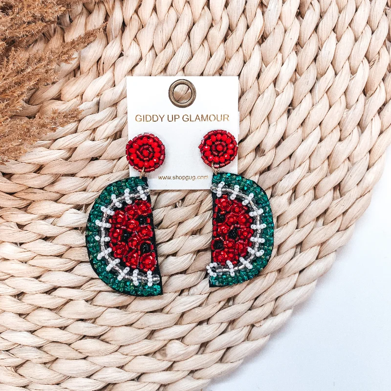 Women’s luxury earrings-Beaded Watermelon Dandle Earrings with Post Back in Red and Green