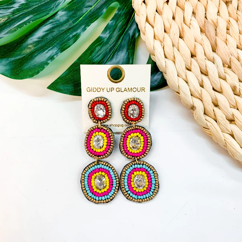 Women’s dangle earrings-Seed Bead Drop Earrings With Glass Stone in Red, Fuchsia, Yellow, and Turquoise