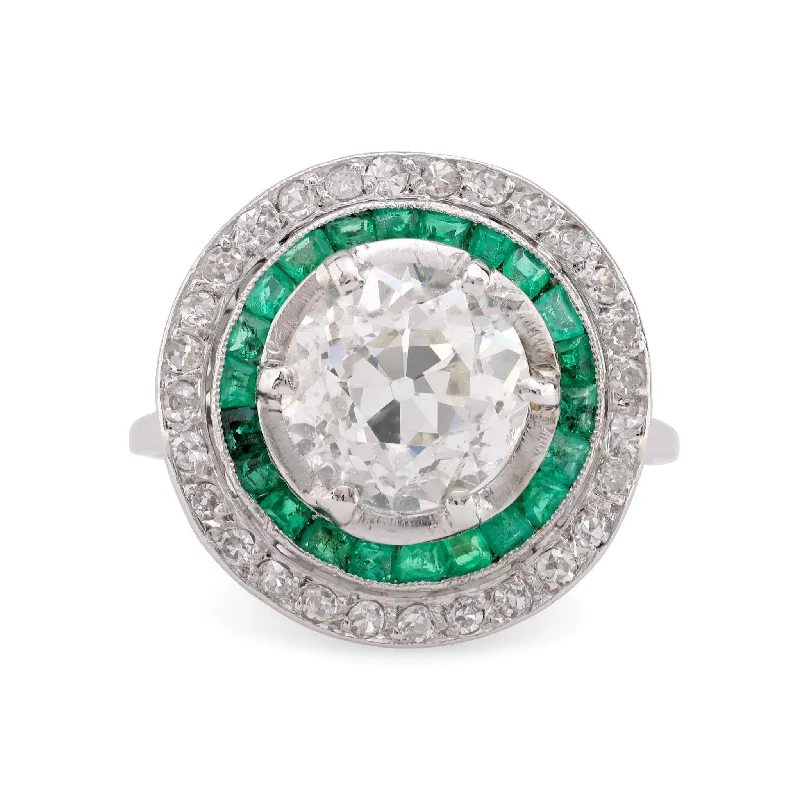 Women’s crystal rings-Women’s engagement ring with colored stones-GIA 2.31 Carat Old European Cut Diamond Emerald Platinum Target Ring