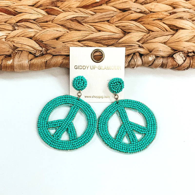 Women’s leather earrings-Seed Beaded Peace Sign Earrings in Turquoise