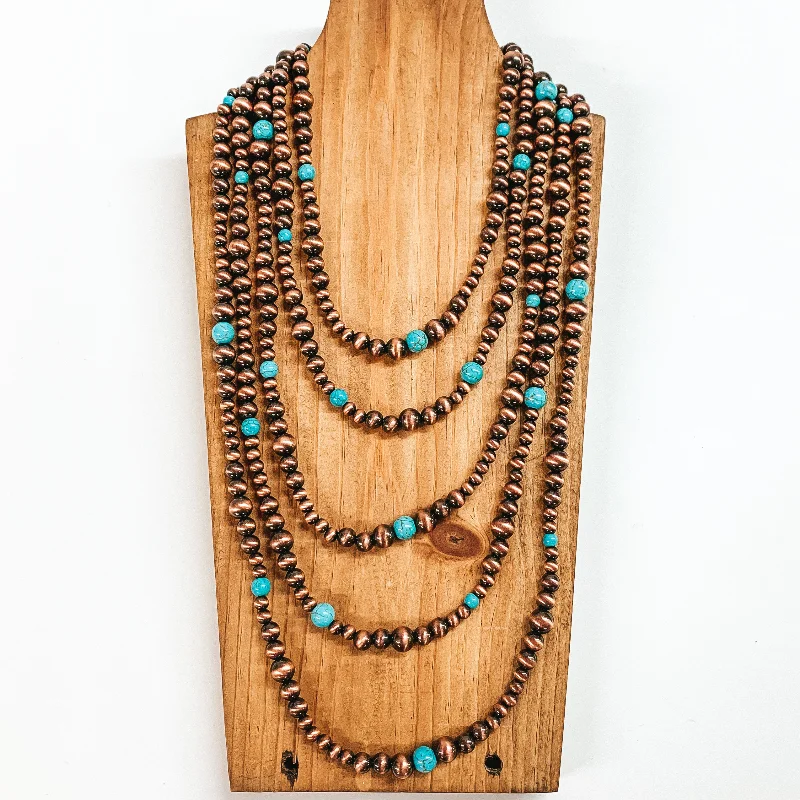 Women’s handmade earrings-Five Strand Beaded Necklace with Turquoise Spacers in Copper Tone