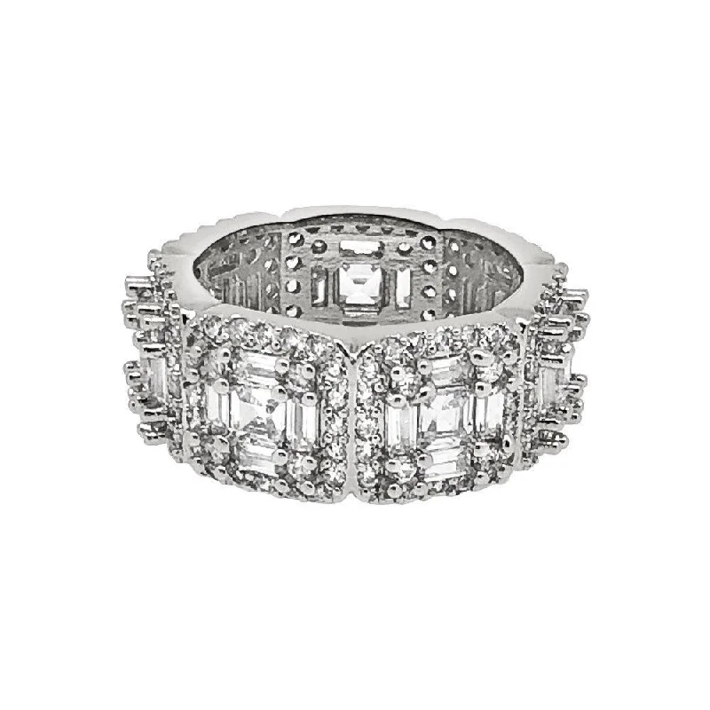 Women’s cocktail rings-.925 Silver Exotic Baguette Princess Eternity Band CZ Rhodium Ring