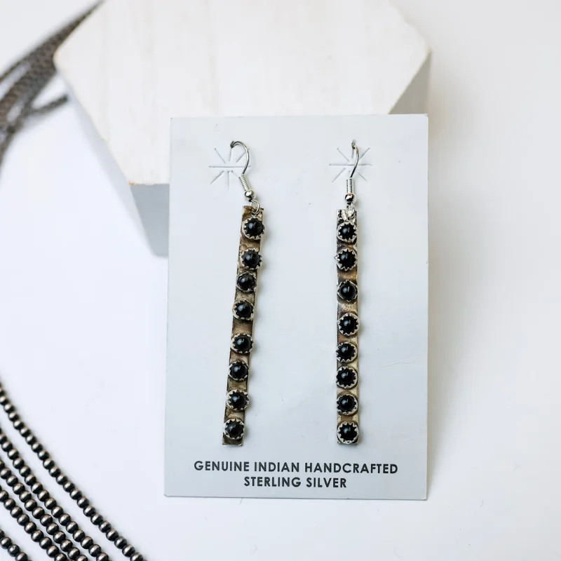 Women’s leather earrings-Rick Enriquez | Navajo Handmade Sterling Silver Drop Earrings with Black Onyx Stones