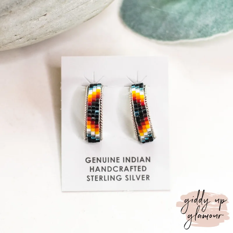 Women’s retro-inspired earrings-Navajo | Navajo Handmade Small Multi Colored Aztec Beaded Hoop Earrings in Black