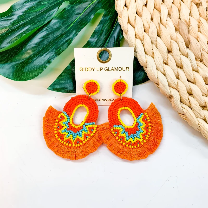 Women’s handmade earrings-Coastal Confidence Seed Bead Circle Tassel Earrings In Orange