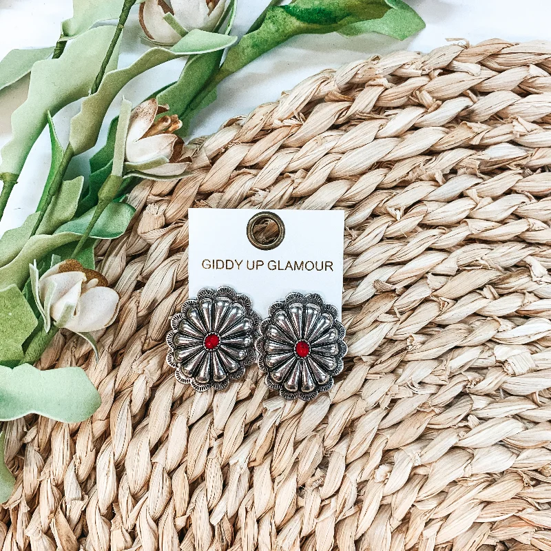 Women’s geometric earrings-Concho Post Earrings with Red Stone