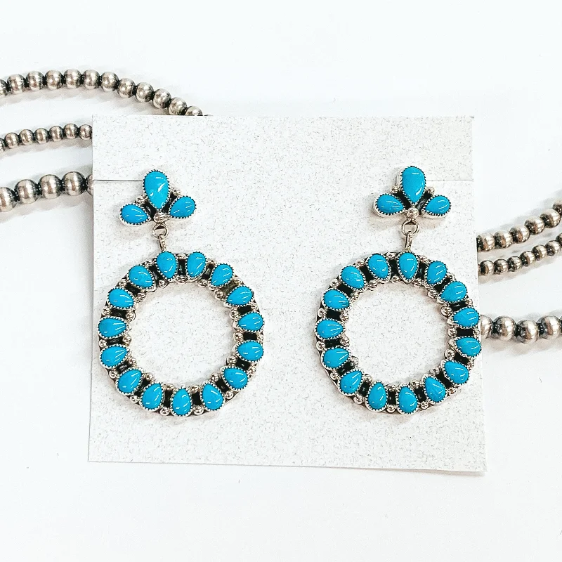 Women’s sapphire earrings-Anthony Skeets | Navajo Handmade Sterling Silver Circle Drop Earrings with Sleeping Beauty Turquoise