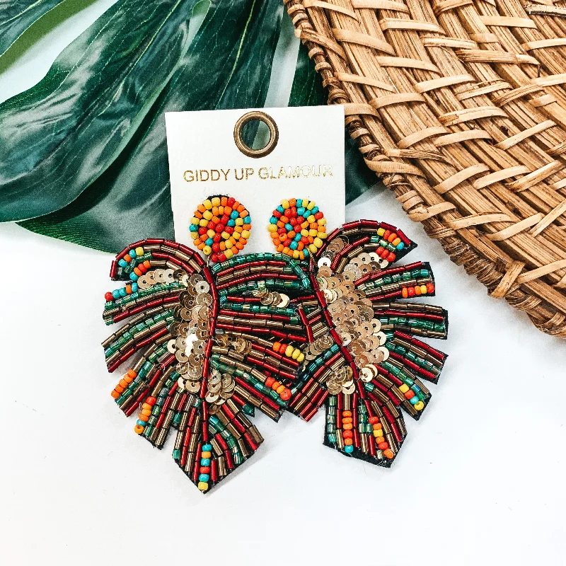 Women’s hypoallergenic earrings-Beaded Palm Leaf Statement Earrings in Multi