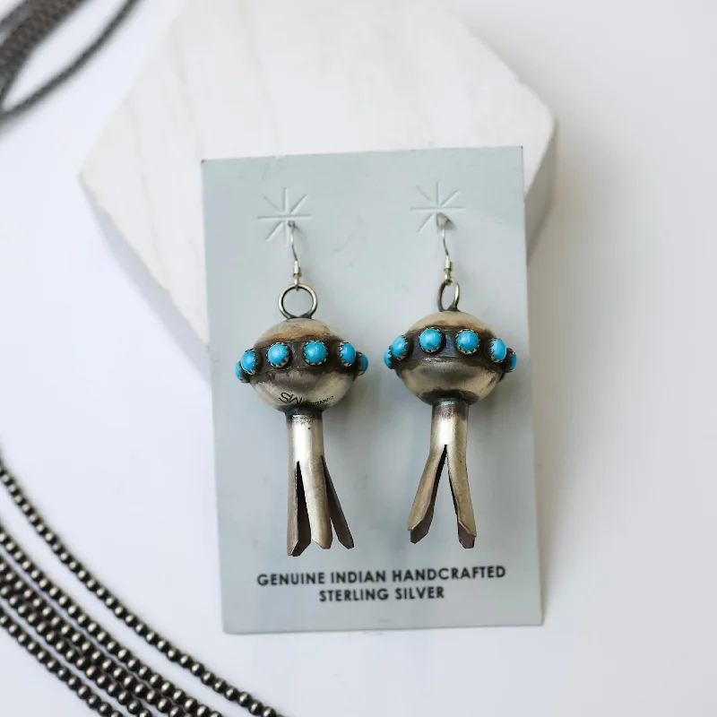 Women’s antique earrings-Monica Smith | Navajo Handmade Etched Sterling Silver Blossom Earrings with Kingman Turquoise