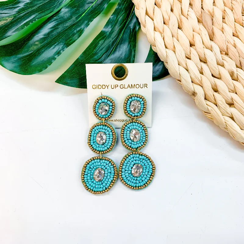 Women’s fashion earrings-Seed Bead Drop Earrings With Glass Stone in Turquoise