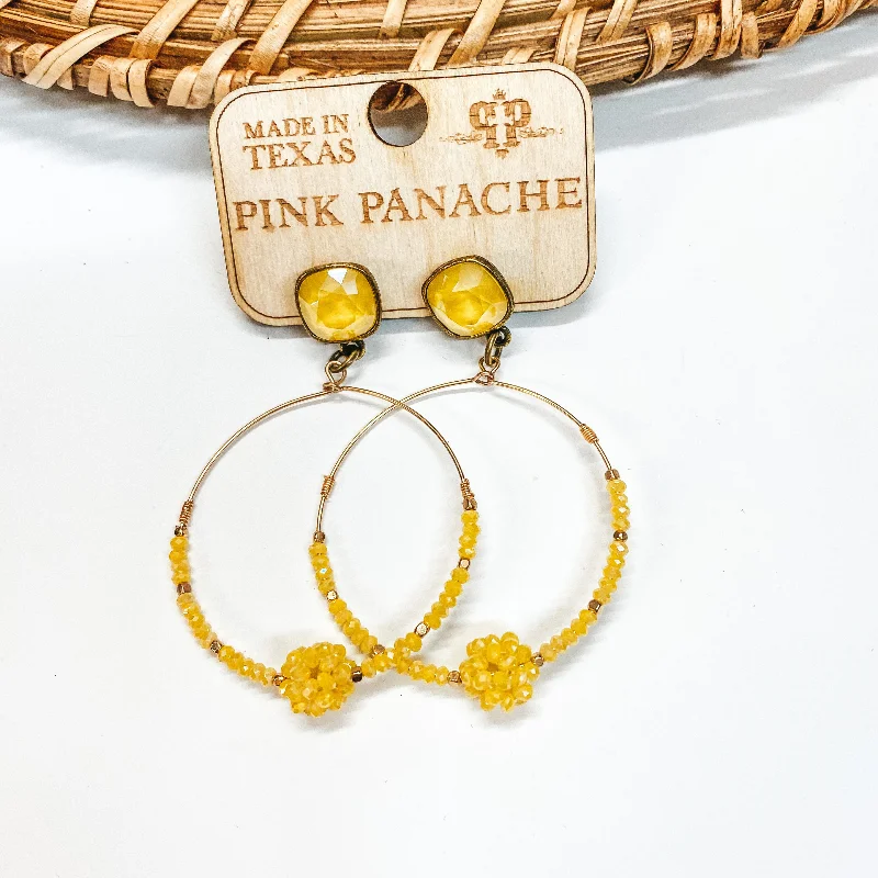 Women’s small hoop earrings-Pink Panache | Yellow and Gold Beaded Knot Hoop Earrings with Cushion Cut Crystals in Yellow