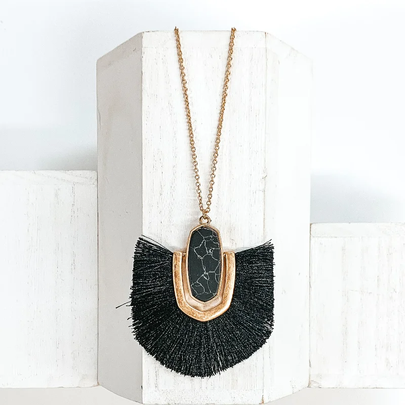 Women’s double hoop earrings-Long Gold Chain Necklace with a Semi Precious Oval Pendant and Fringe in Black