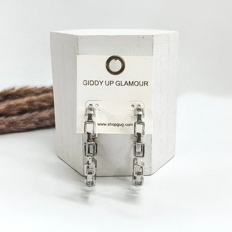 Women’s birthstone earrings-Box Chained Large Hoops in Silver Tone