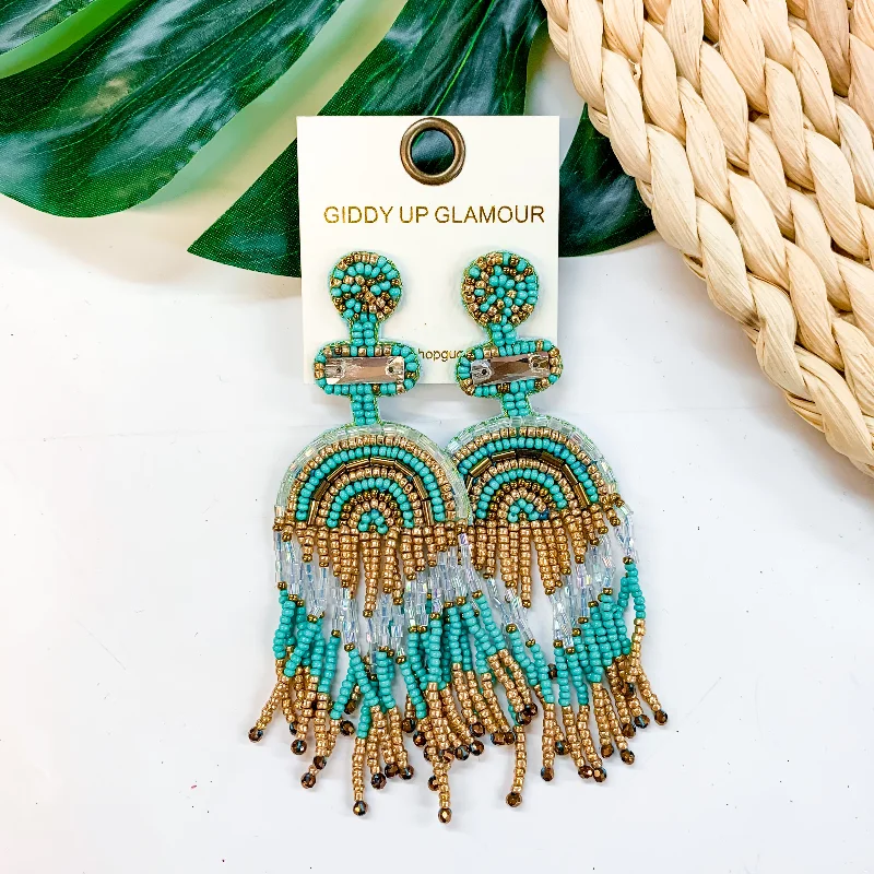 Women’s pearl earrings-Balcony Views Seed Bead Fringe Earrings in Turquoise