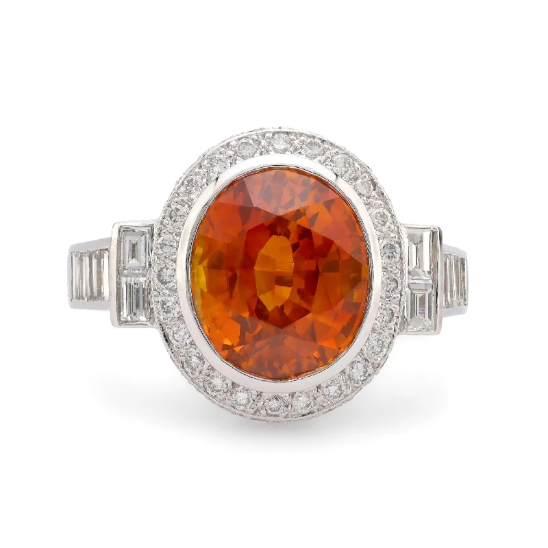 Women’s oval cut rings-Women’s bridal engagement ring set-GIA 7.5 carat orange sapphire diamond platinum cocktail ring