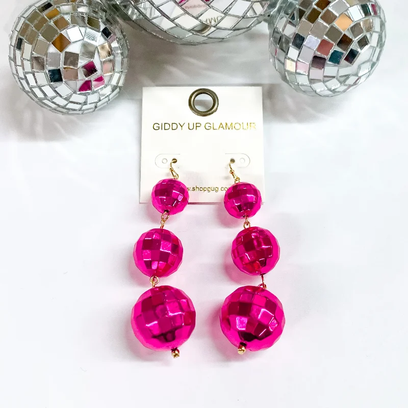 Women’s elegant dangle earrings-Disco Ball Drop Earrings in Fuchsia