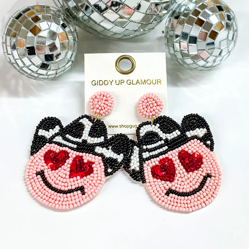 Women’s luxury earrings-Beaded Cowboy Happy Face Drop Earrings with Red Heart Eyes in Pink