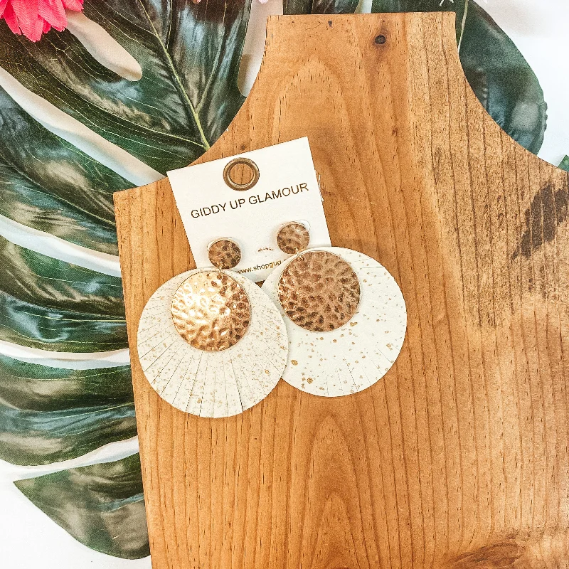 Women’s angel wing earrings-Gold Hammered and Leather Fringe Circle Statement Earrings in Ivory