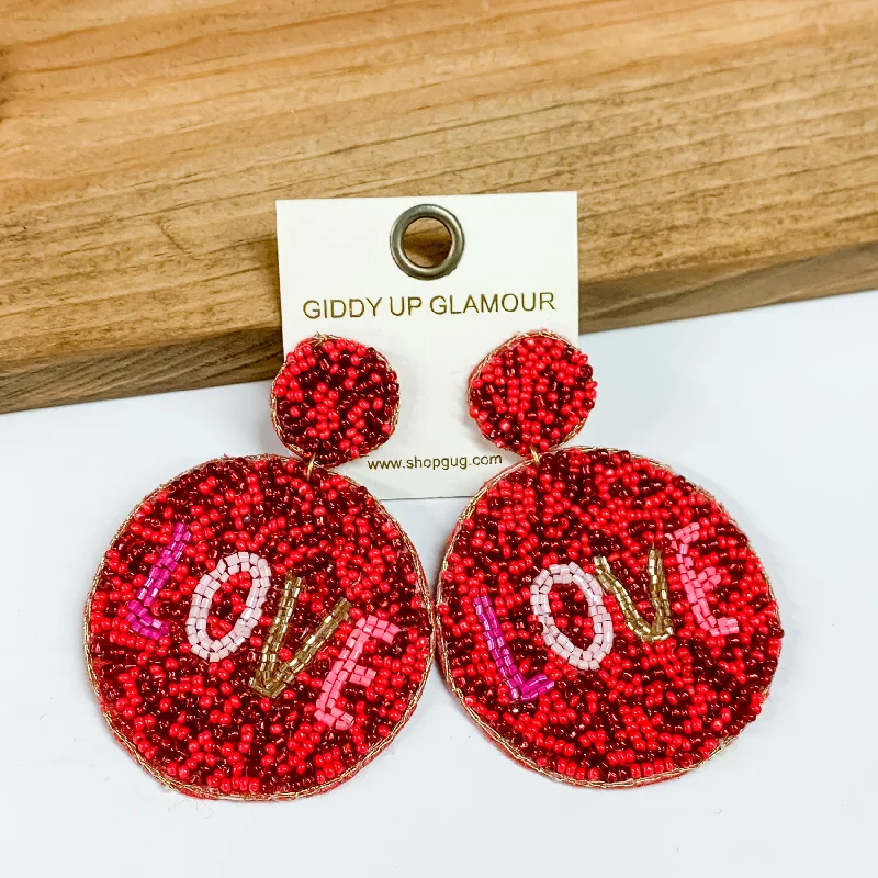 Women’s diamond stud earrings-Beaded Circle Earrings with LOVE in Red Mix