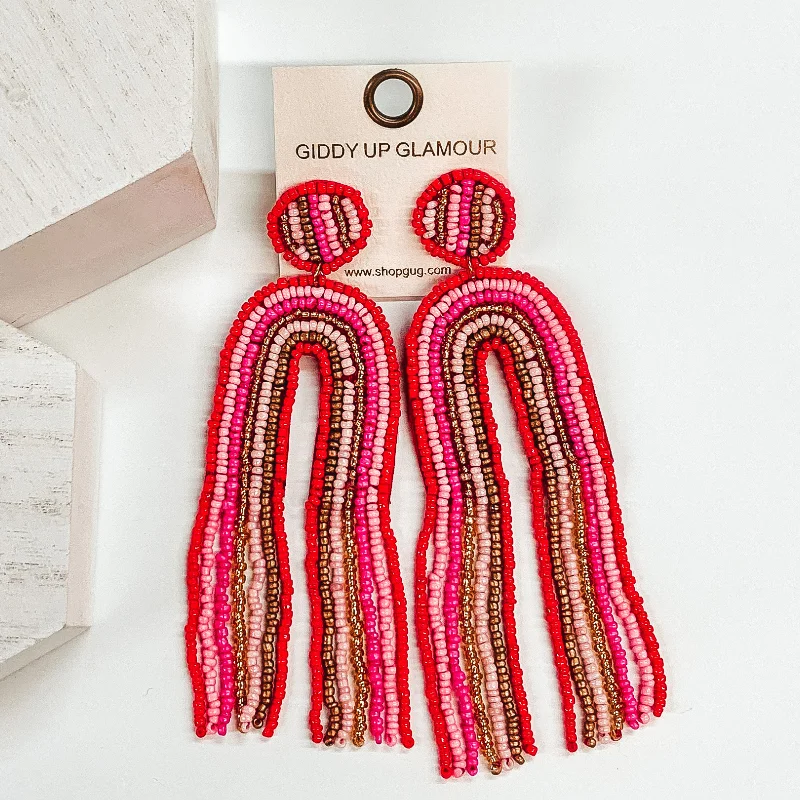 Women’s sapphire earrings-Rainbow Beaded Earrings with Tassels in Red