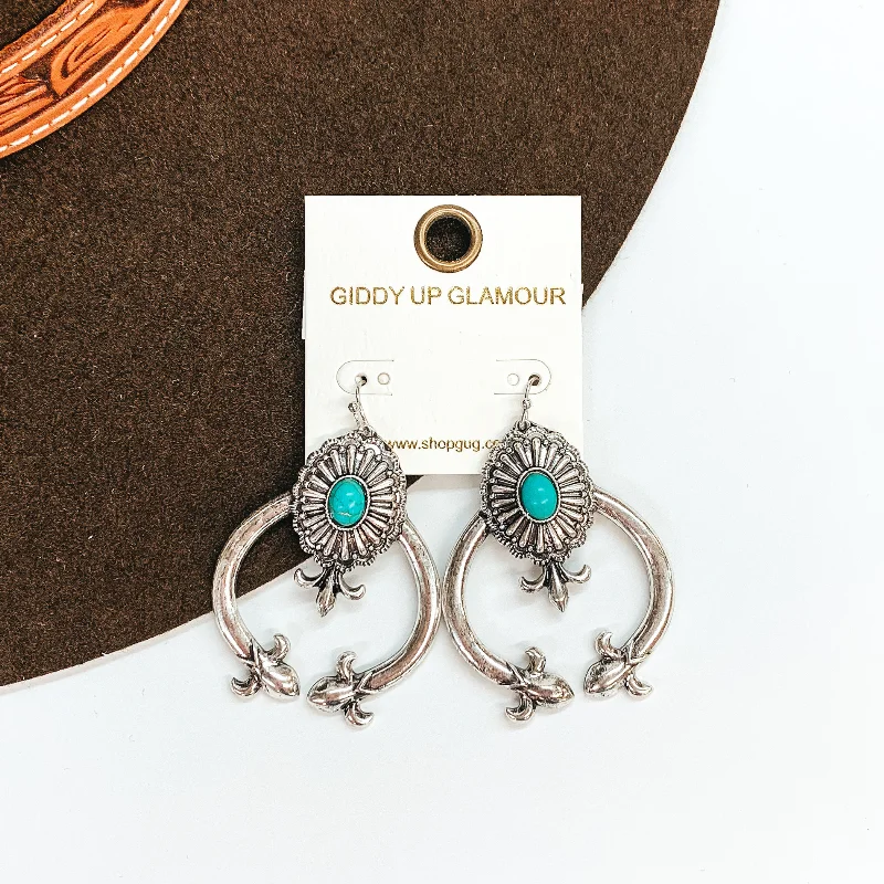 Women’s green emerald earrings-Coming in First Squash Blossom Earrings with Concho and Oval Stone in Turquoise