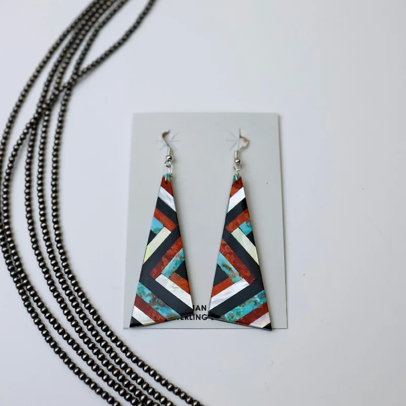 Women’s butterfly earrings-Navajo | Navajo Handmade Turquoise, Opal, Red Orange Spiny Oyster and Onyx Geometric Design Slab Earrings