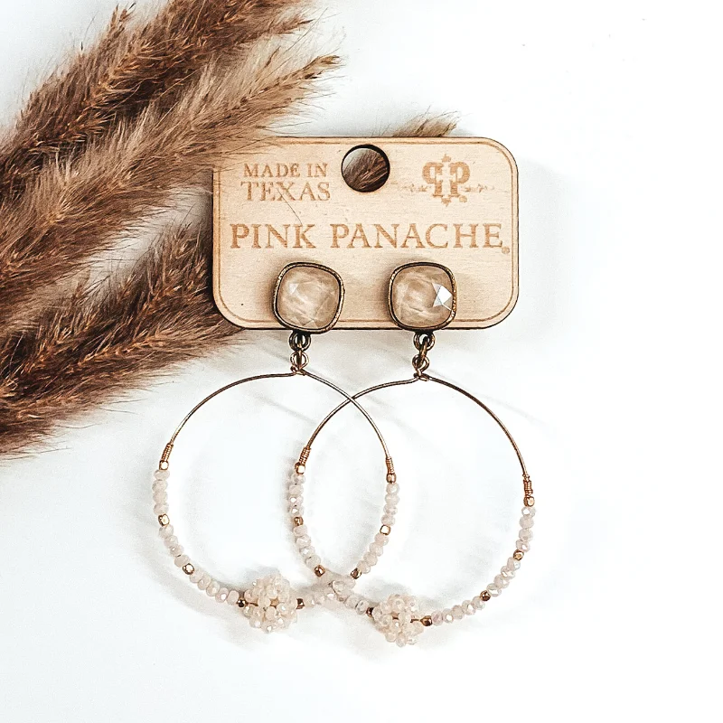 Women’s ear cuff earrings-Pink Panache | Ivory and Gold Beaded Knot Hoop Earrings with Cushion Cut Crystals in Ivory