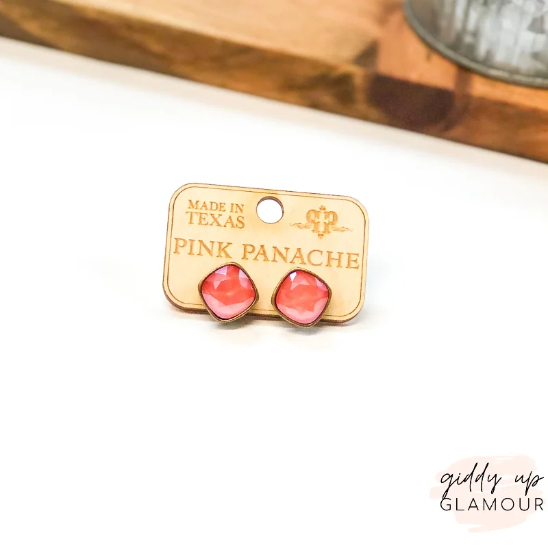 Women’s edgy earrings-Pink Panache | Bronze Stud Earrings with Cushion Cut Crystals in Candy Coral