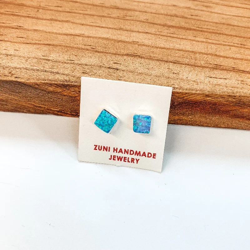 Women’s bohemian earrings-Angie Rosetta | Zuni Handmade Sterling Silver and Blue Opal Square Stud Earrings