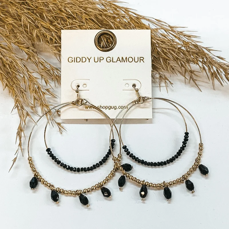 Women’s initial earrings-Beaded Double Hoop Earrings with Dangles in Black and Gold