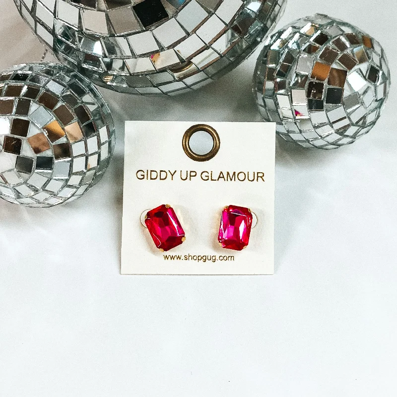 Women’s elegant earrings-Rectangle Crystal Stud Earrings in Hot Pink