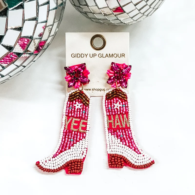 Women’s gemstone earrings-Yee Haw Beaded Boot Post Back Earrings in Fuchsia and White