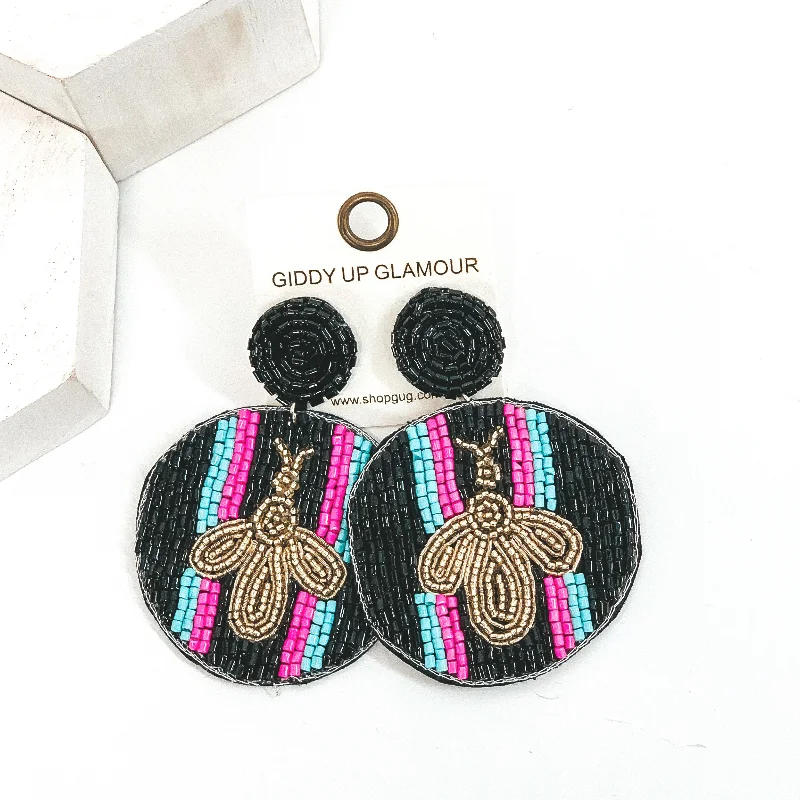 Women’s ear climber earrings-Bee Happy Circle Drop Beaded Earrings in Black