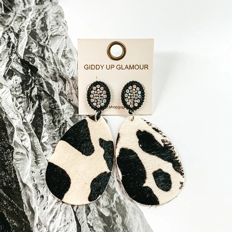 Women’s cubic zirconia earrings-AB Crystal Black Stud Earrings with Hanging Teardrop in Black and White Cow Print