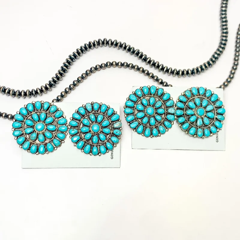 Women’s polished silver earrings-Danny L. Wauneka | Navajo Handmade Sterling Silver Post Earrings with Turquoise Cluster