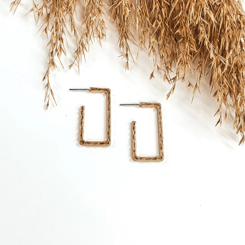 Women’s stud earrings-Small Hammered Rectangle Hoops in Gold