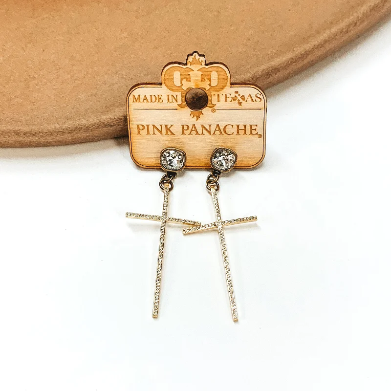 Women’s initial earrings-Pink Panache | Clear Cushion Cut Post with Gold Pave Cross Earrings