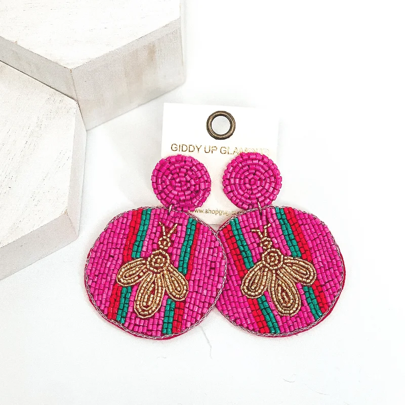 Women’s twisted hoop earrings-Bee Happy Circle Drop Beaded Earrings in Fuchsia