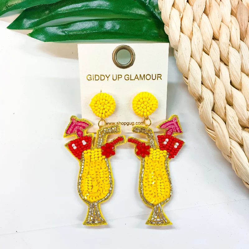 Women’s handmade earrings-Here For Happy Hour Seed Bead Cocktail Earrings in Yellow