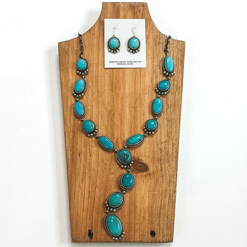 Women’s turquoise earrings-Dave Skeets | Navajo Handmade Sterling Silver and Royston Turquoise Lariat Necklace + Matching Earrings