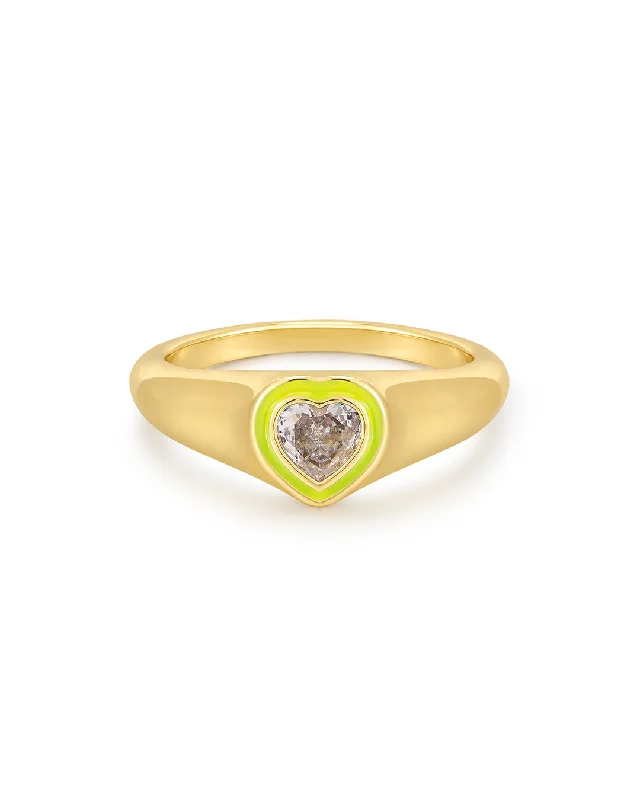 Women’s birthstone diamond rings-Heart Signet Ring- Neon Yellow- Gold