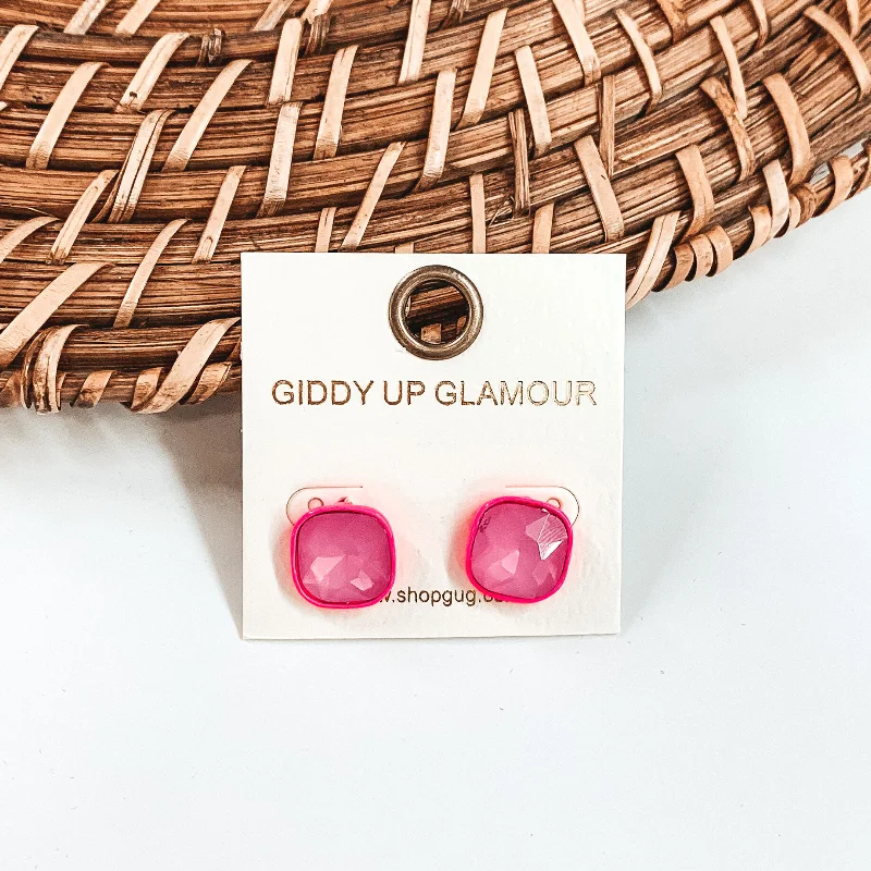 Women’s clip-on earrings-Square Stud Earrings with Crystals in Hot Pink