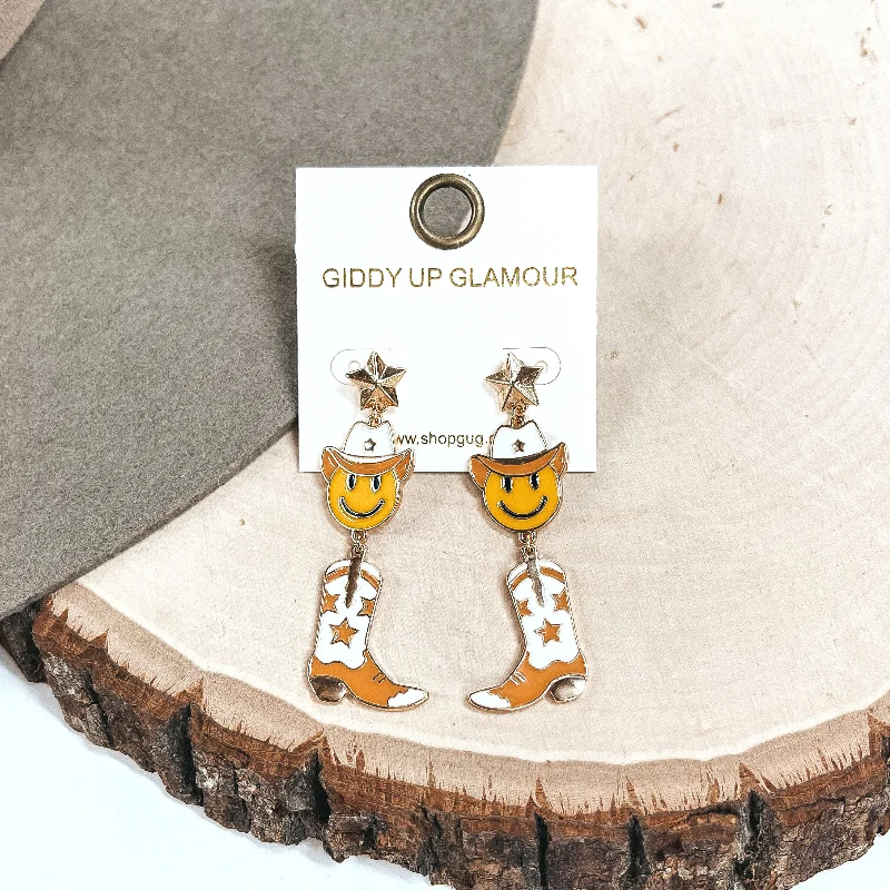 Women’s edgy earrings-On The Fly Gold Tone Star Post Earrings with Happy Face Cowboy and Boot Pendant Earrings in Ivory