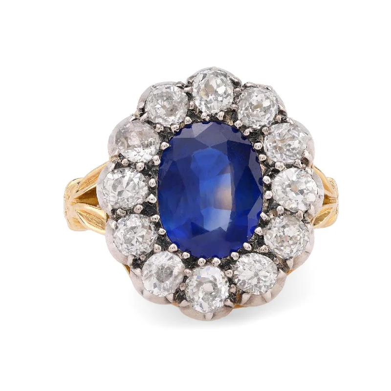 Women’s thick rings-Women’s radiant cut engagement ring-Antique French GIA 3.50 carat sapphire diamond 18k yellow gold silver ring