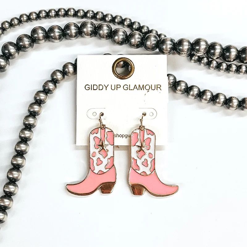 Women’s butterfly earrings-Kick Your Boots Up Cow Print Boot Hanging Pendant Earrings in White and Pink