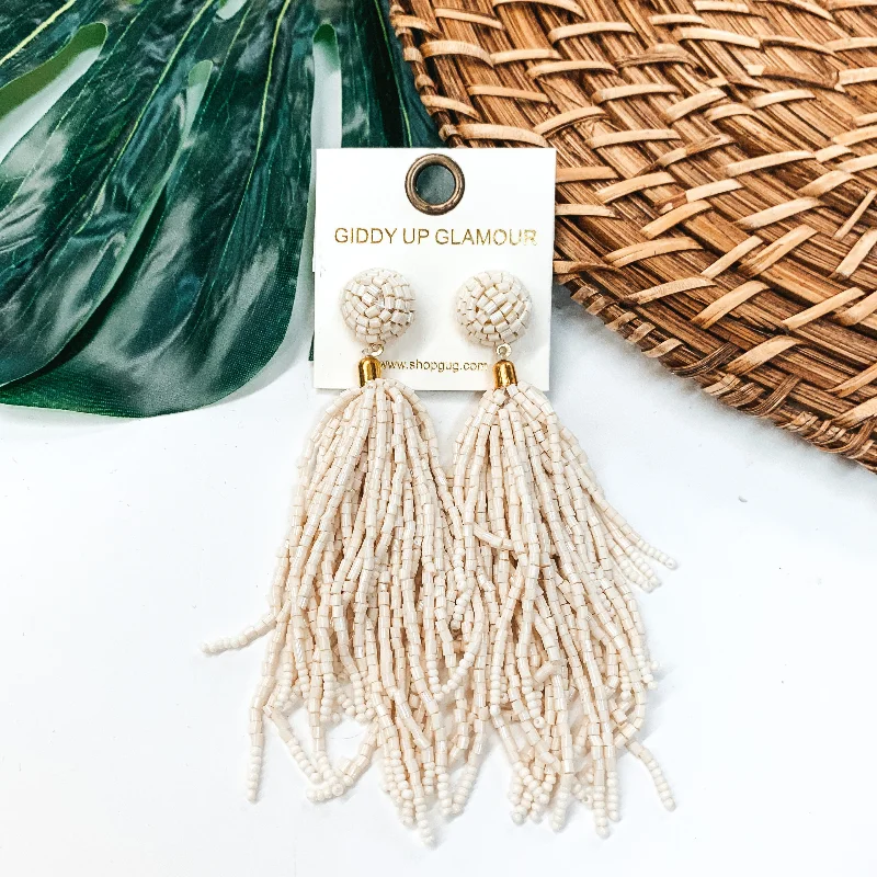 Women’s casual earrings-Crash My Party Seed Bead Tassel Earrings In Ivory